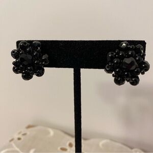 Vintage Black Beaded Cluster Clip-On Earrings West Germany Faceted Glass